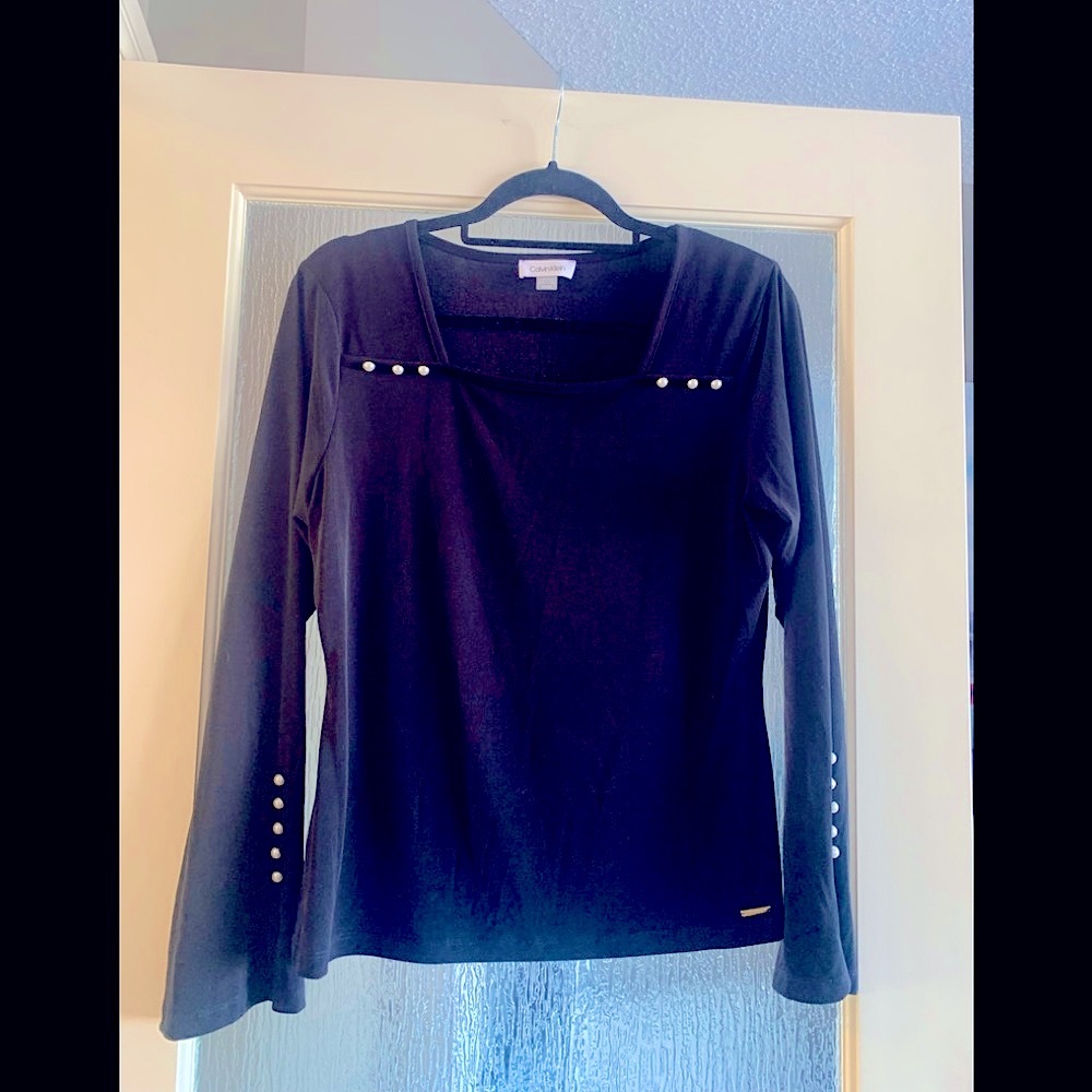 Calvin Klein Black Blouse with pearls (size Medium)